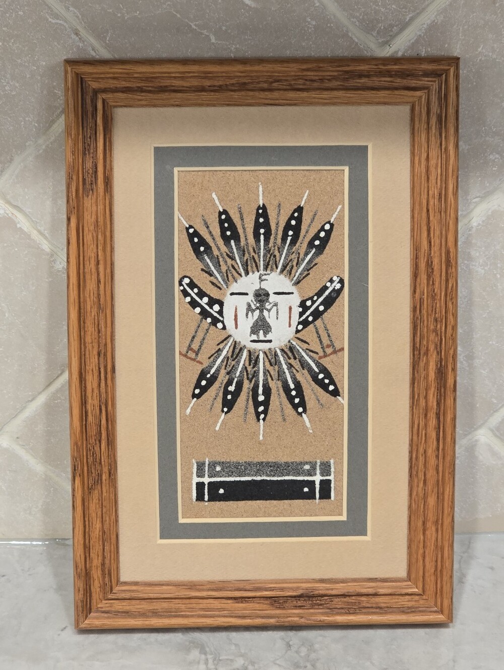 Vintage 1st Nations Navajo Wood Framed Sand Art Painting Signed Sun Shield